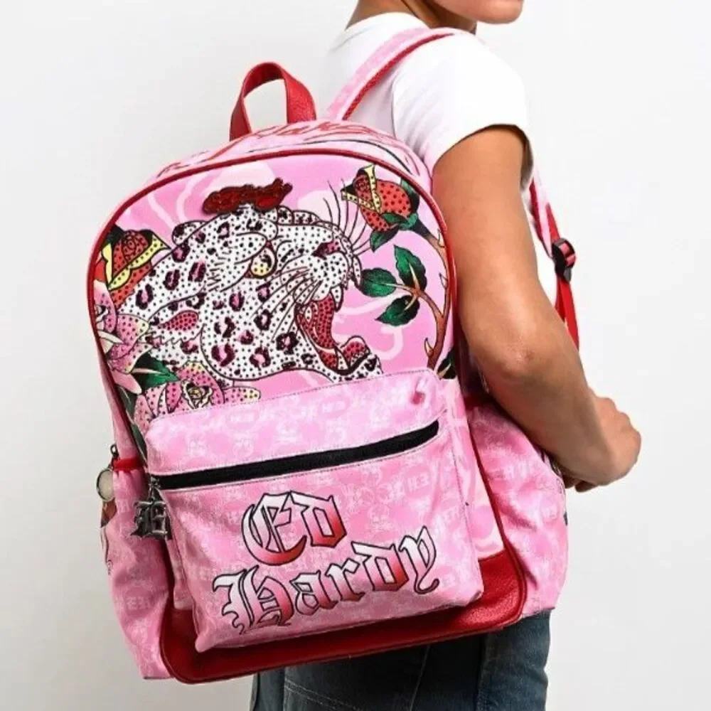 Ed Hardy Pink Faux Leather Leopard Tattoo Print Rhinestone Studded Backpack NEW!